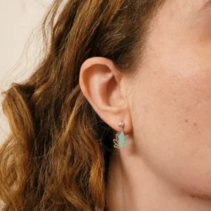 Clous d'oreilles argentés pendantes avec un lotus ajouré couleur menthe, vue portés